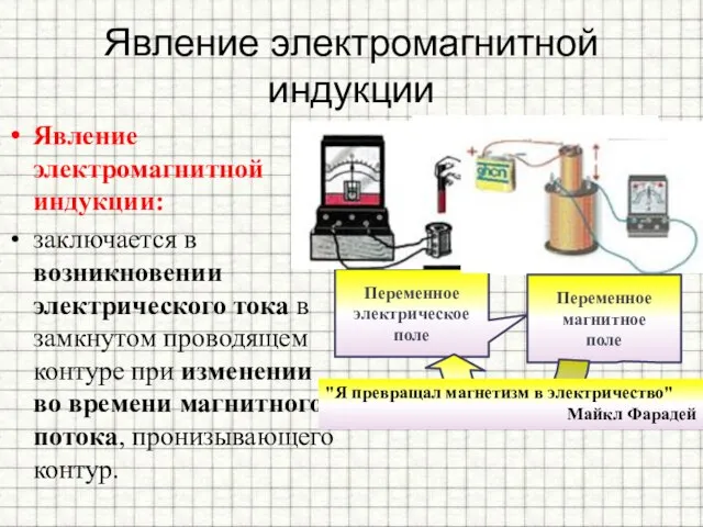 Явление электромагнитной индукции Явление электромагнитной индукции: заключается в возникновении электрического тока