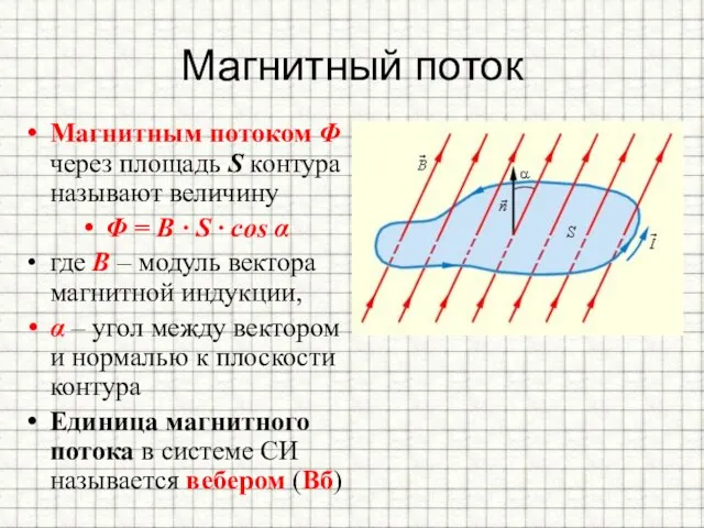 Магнитный поток Магнитным потоком Φ через площадь S контура называют величину