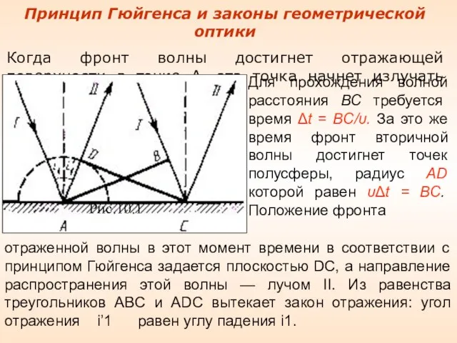 Принцип Гюйгенса и законы геометрической оптики Когда фронт волны достигнет отражающей