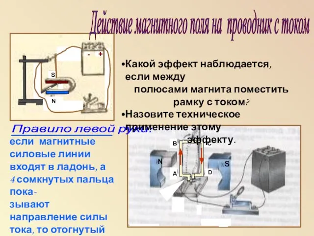 Действие магнитного поля на проводник с током S N - +