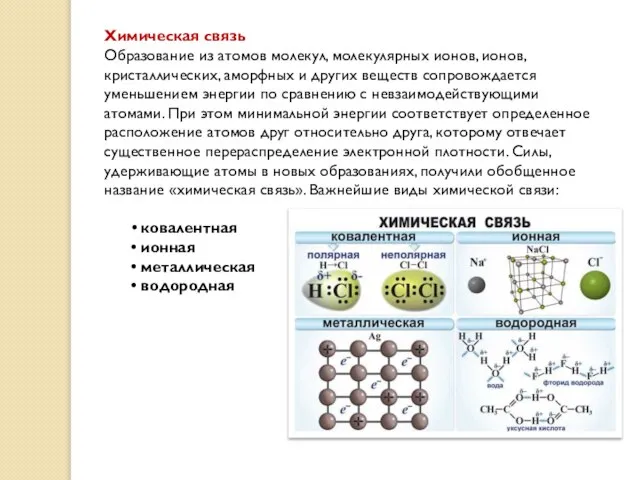 Химическая связь Образование из атомов молекул, молекулярных ионов, ионов, кристаллических, аморфных