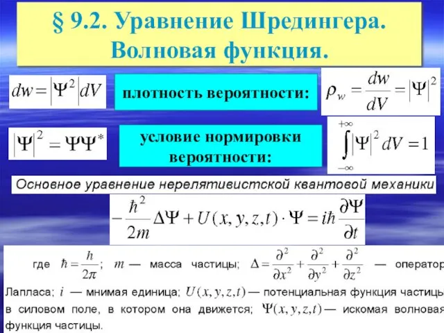 § 9.2. Уравнение Шредингера. Волновая функция. плотность вероятности: условие нормировки вероятности: