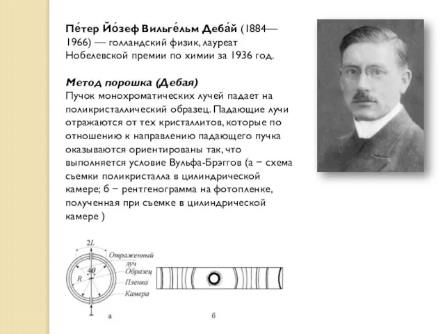 Пе́тер Йо́зеф Вильге́льм Деба́й (1884— 1966) — голландский физик, лауреат Нобелевской