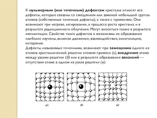 К нульмерным (или точечным) дефектам кристалла относят все дефекты, которые связаны