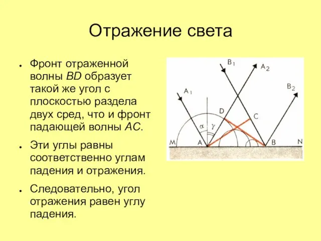 Отражение света Фронт отраженной волны BD образует такой же угол с