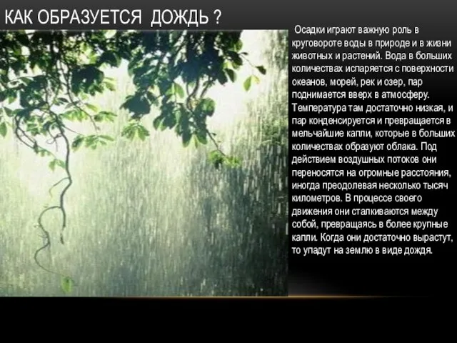 КАК ОБРАЗУЕТСЯ ДОЖДЬ ? Осадки играют важную роль в круговороте воды