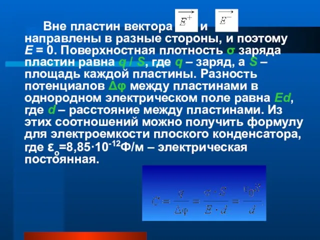 Вне пластин вектора и направлены в разные стороны, и поэтому E