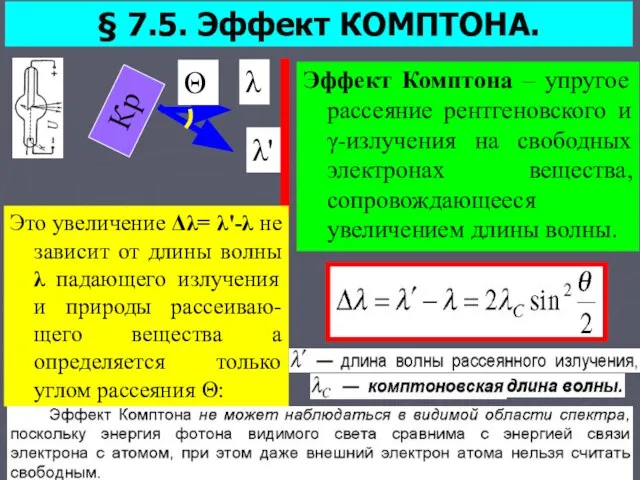 § 7.5. Эффект КОМПТОНА. Θ Эффект Комптона – упругое рассеяние рентгеновского