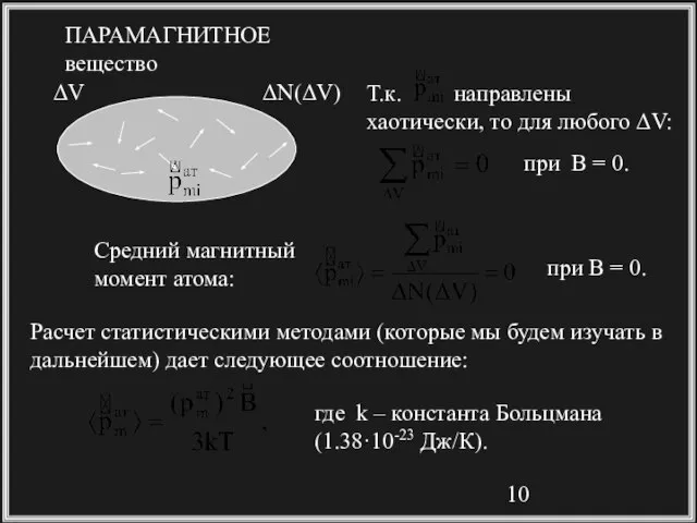 при В = 0. ΔV ΔN(ΔV) Средний магнитный момент атома: при