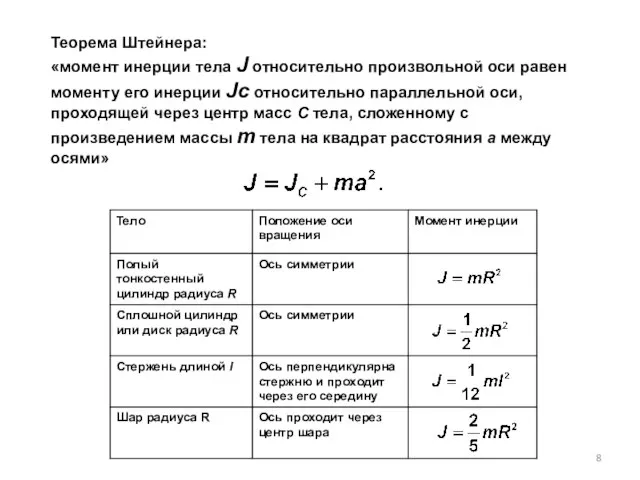 Теорема Штейнера: «момент инерции тела J относительно произвольной оси равен моменту