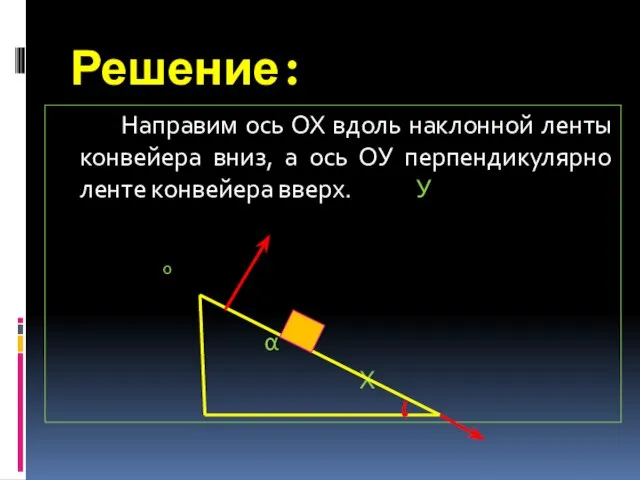 Решение: Направим ось ОХ вдоль наклонной ленты конвейера вниз, а ось