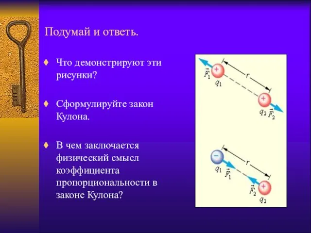 Подумай и ответь. Что демонстрируют эти рисунки? Сформулируйте закон Кулона. В