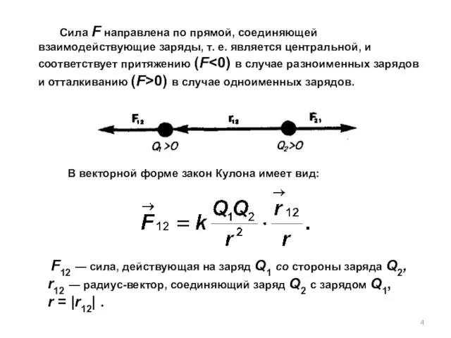 Сила F направлена по прямой, соединяющей взаимодействующие заряды, т. е. является