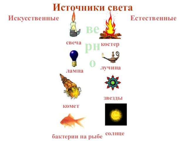 Искусственные Естественные Источники света верно