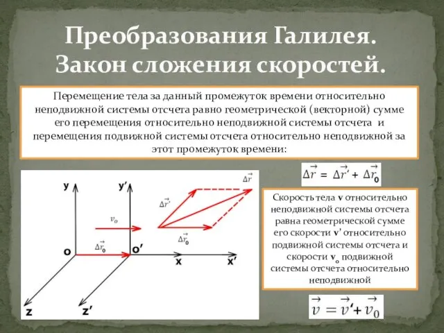 Преобразования Галилея. Закон сложения скоростей. Перемещение тела за данный промежуток времени