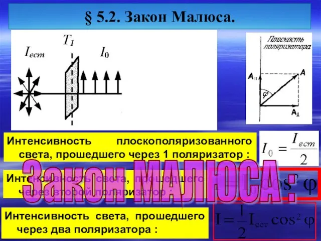 Интенсивность плоскополяризованного света, прошедшего через 1 поляризатор : § 5.2. Закон