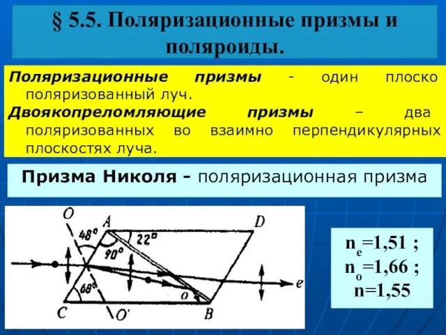 § 5.5. Поляризационные призмы и поляроиды. Поляризационные призмы - один плоско