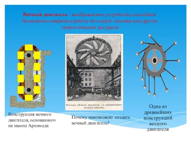 Вечный двигатель - воображаемое устройство, способное бесконечно совершать работу без затрат