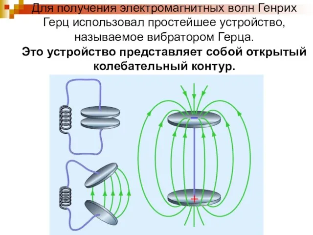 Для получения электромагнитных волн Генрих Герц использовал простейшее устройство, называемое вибратором