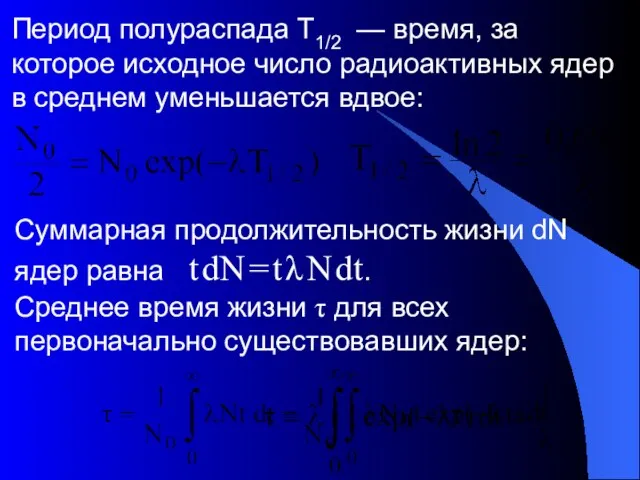 Период полураспада Т1/2 — время, за которое исходное число радиоактивных ядер