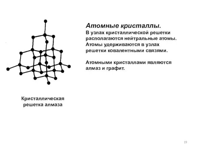 Атомные кристаллы. В узлах кристаллической решетки располагаются нейтральные атомы. Атомы удерживаются