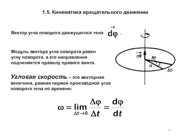 1.5. Кинематика вращательного движения Модуль вектора угла поворота равен углу поворота,