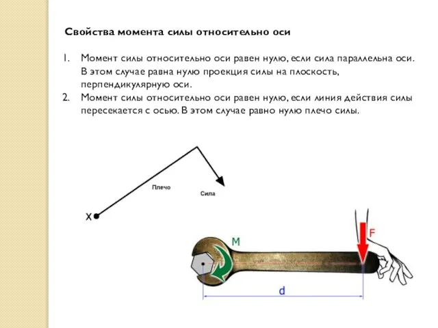 Свойства момента силы относительно оси Момент силы относительно оси равен нулю,