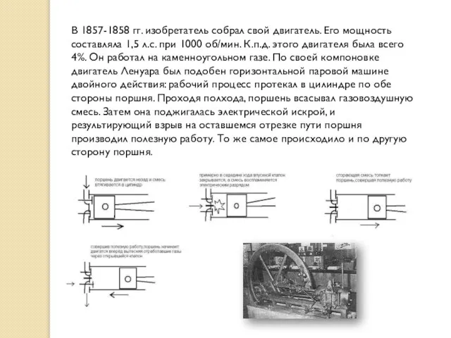 В 1857-1858 гг. изобретатель собрал свой двигатель. Его мощность составляла 1,5