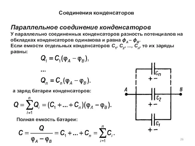 Соединения конденсаторов Параллельное соединение конденсаторов У параллельно соединенных конденсаторов разность потенциалов