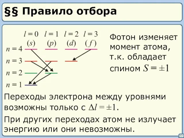 §§ Правило отбора Переходы электрона между уровнями возможны только с Δl