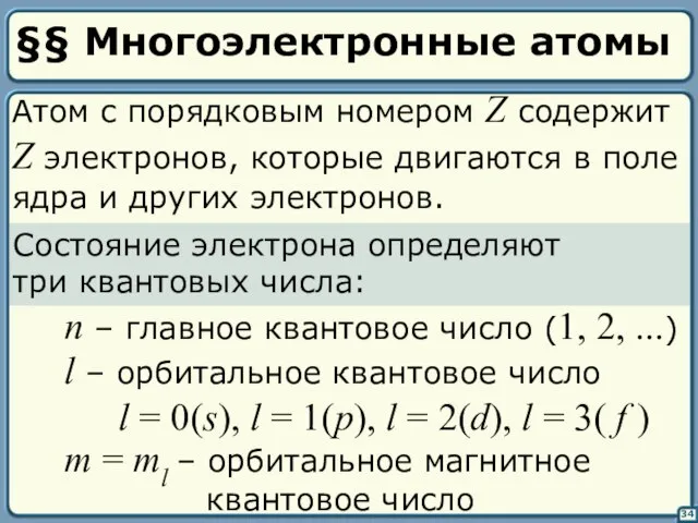 §§ Многоэлектронные атомы 34 Атом с порядковым номером Z содержит Z