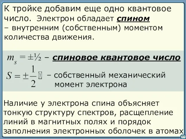 35 К тройке добавим еще одно квантовое число. Электрон обладает спином