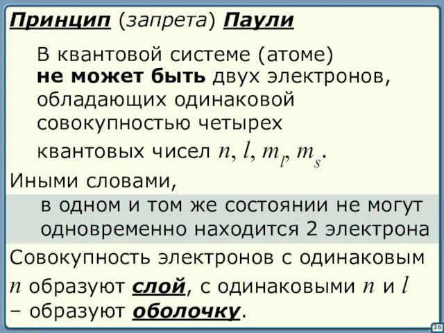 36 Принцип (запрета) Паули В квантовой системе (атоме) Иными словами, в