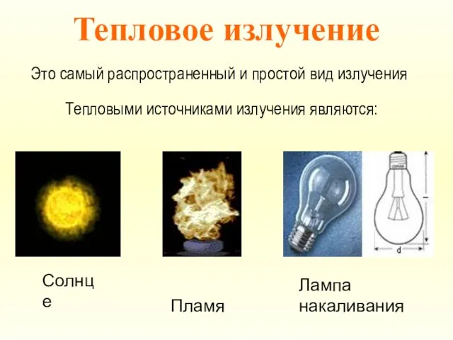 Тепловое излучение Это самый распространенный и простой вид излучения Тепловыми источниками