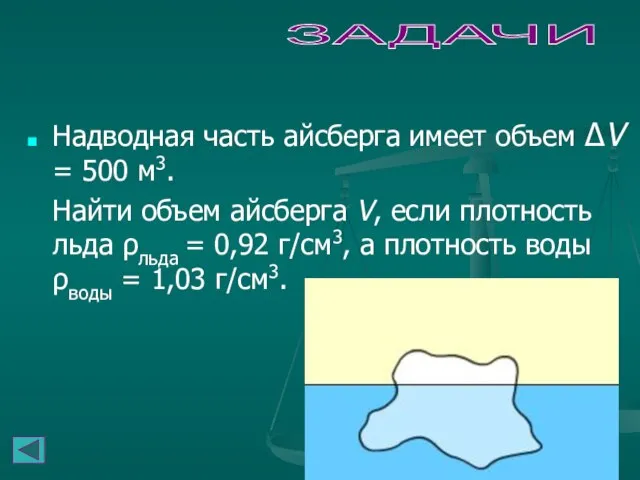 ЗАДАЧИ Надводная часть айсберга имеет объем ΔV = 500 м3. Найти