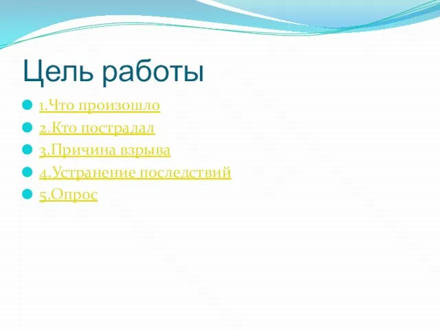 Цель работы 1.Что произошло 2.Кто пострадал 3.Причина взрыва 4.Устранение последствий 5.Опрос