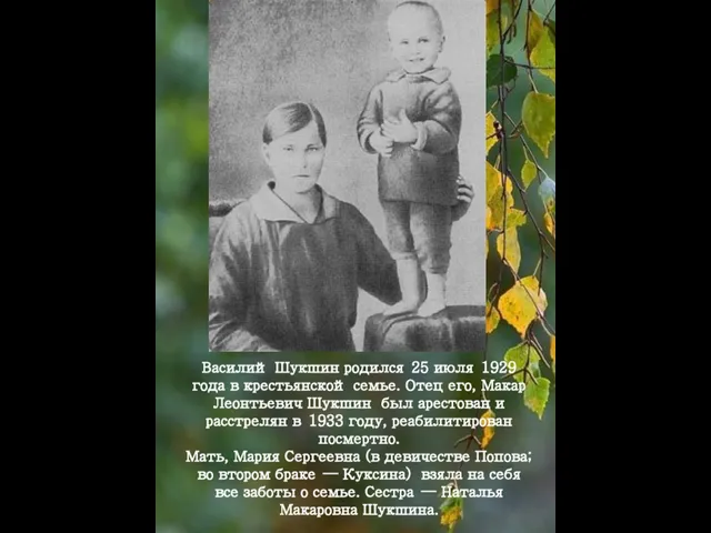 Василий Шукшин родился 25 июля 1929 года в крестьянской семье. Отец