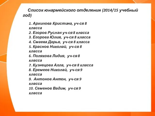 Список юнармейского отделения (2014/15 учебный год) 1. Архипова Кристина, уч-ся 8