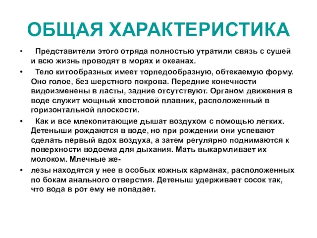 ОБЩАЯ ХАРАКТЕРИСТИКА Представители этого отряда полностью утратили связь с сушей и