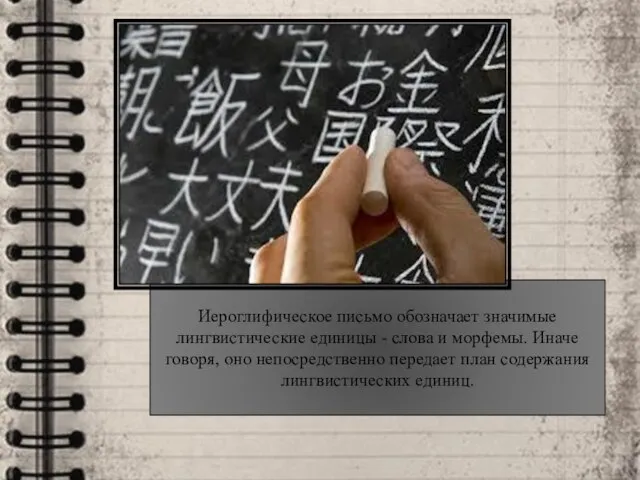 Иероглифическое письмо обозначает значимые лингвистические единицы - слова и морфемы. Иначе