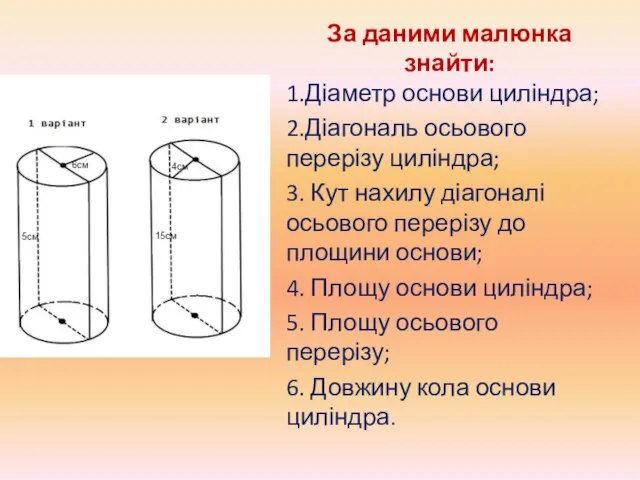 За даними малюнка знайти: 1.Діаметр основи циліндра; 2.Діагональ осьового перерізу циліндра;