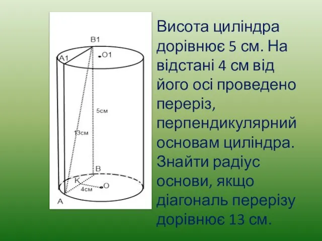Висота циліндра дорівнює 5 см. На відстані 4 см від його