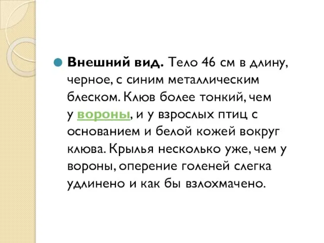 Внешний вид. Тело 46 см в длину, черное, с синим металлическим