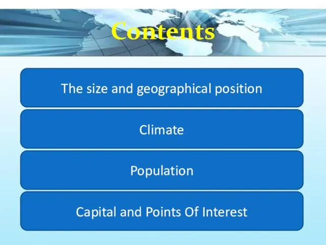 Contents The size and geographical position Population Climate Capital and Points Of Interest