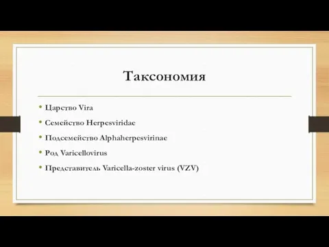 Таксономия Царство Vira Семейство Herpesviridae Подсемейство Alphaherpesvirinae Род Varicellovirus Представитель Varicella-zoster virus (VZV)