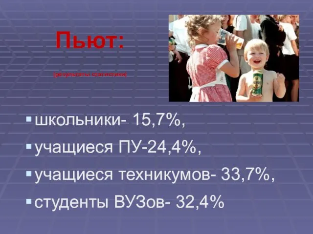 Пьют: (результаты статистики) школьники- 15,7%, учащиеся ПУ-24,4%, учащиеся техникумов- 33,7%, студенты ВУЗов- 32,4%