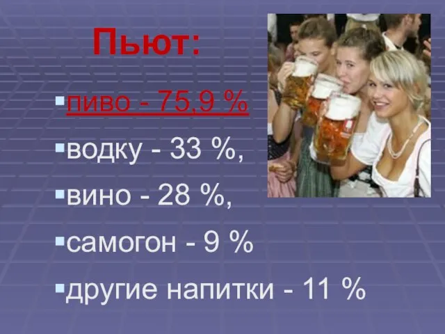 Пьют: пиво - 75,9 % водку - 33 %, вино -