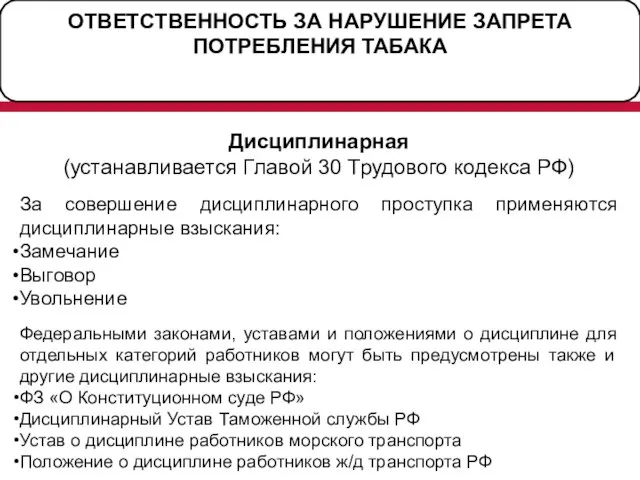 ОТВЕТСТВЕННОСТЬ ЗА НАРУШЕНИЕ ЗАПРЕТА ПОТРЕБЛЕНИЯ ТАБАКА Дисциплинарная (устанавливается Главой 30 Трудового