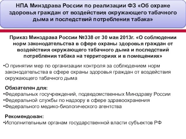 НПА Минздрава России по реализации ФЗ «Об охране здоровья граждан от