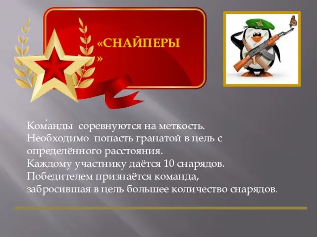 «СНАЙПЕРЫ» . Команды соревнуются на меткость. Необходимо попасть гранатой в цель